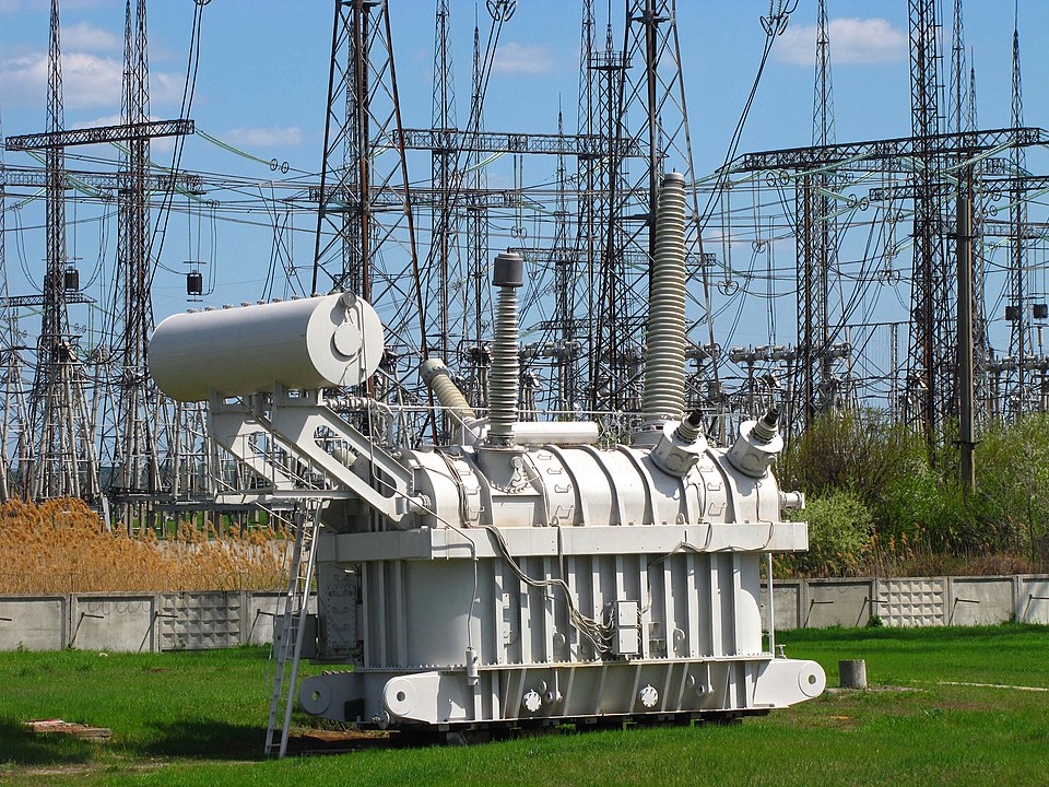 High-voltage transformer and switchgear at a substation